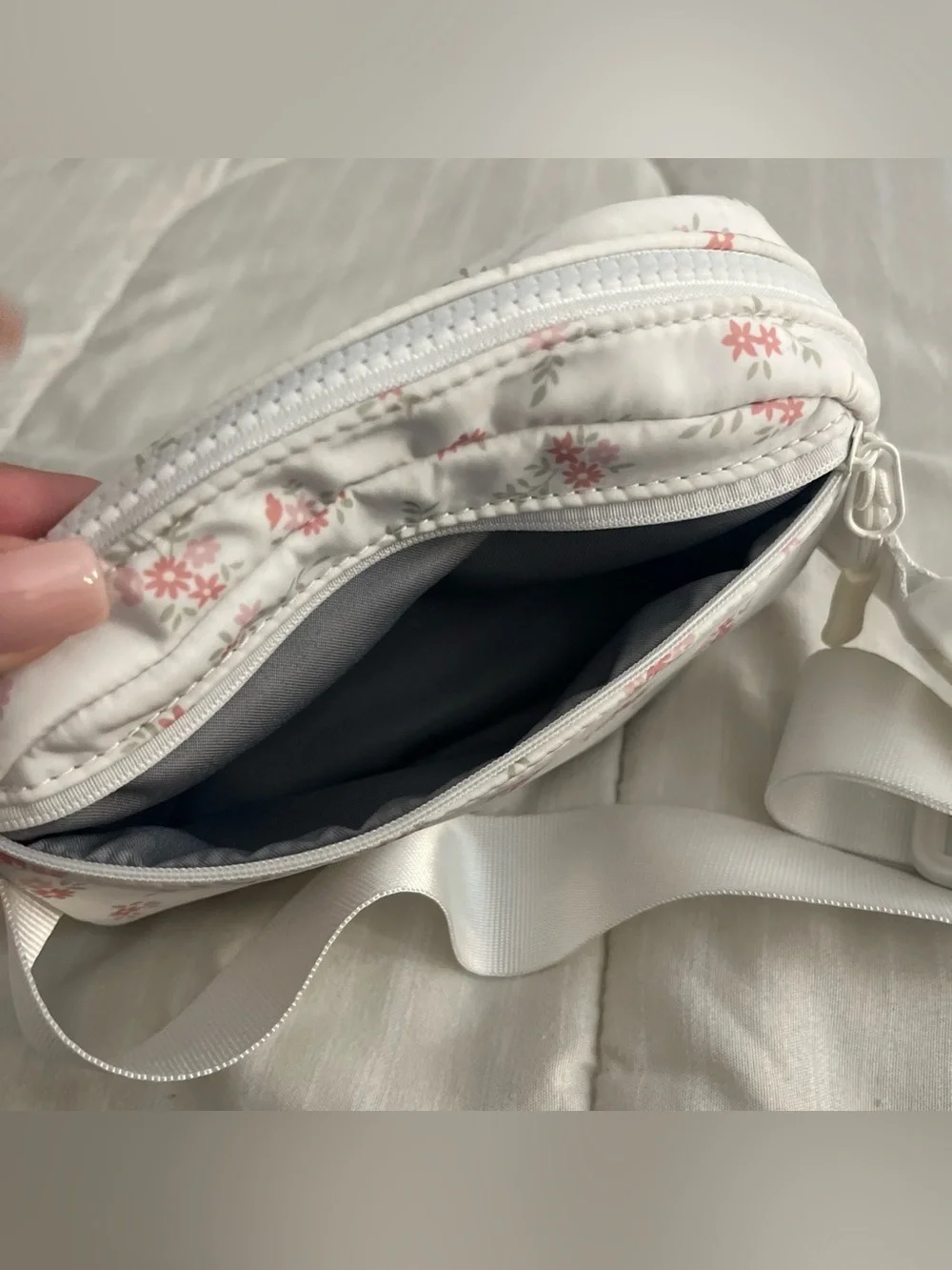 White Floral Belt Bag with Pink Flowers